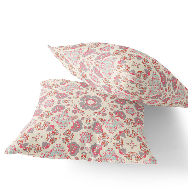 Set of Two 16" X 16" Pink and White Blown Seam Floral Indoor Outdoor Throw Pillow