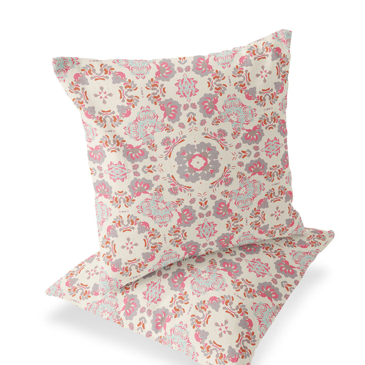 Set of Two 16" X 16" Pink and White Blown Seam Floral Indoor Outdoor Throw Pillow