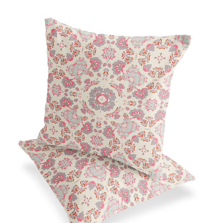 Set of Two 16" X 16" Pink and White Blown Seam Floral Indoor Outdoor Throw Pillow