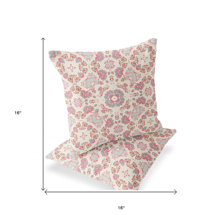 Set of Two 16" X 16" Pink and White Blown Seam Floral Indoor Outdoor Throw Pillow