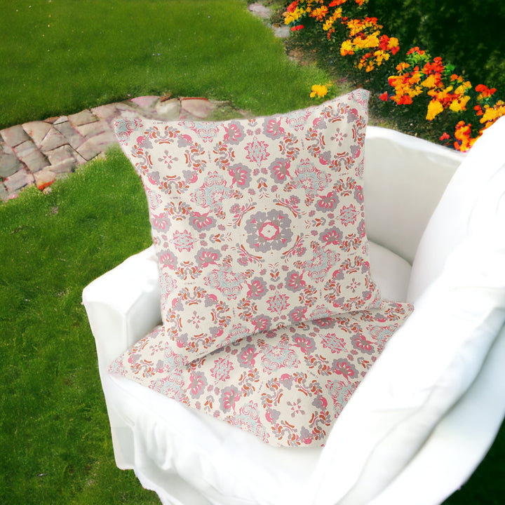 Set of Two 16" X 16" Pink and White Blown Seam Floral Indoor Outdoor Throw Pillow