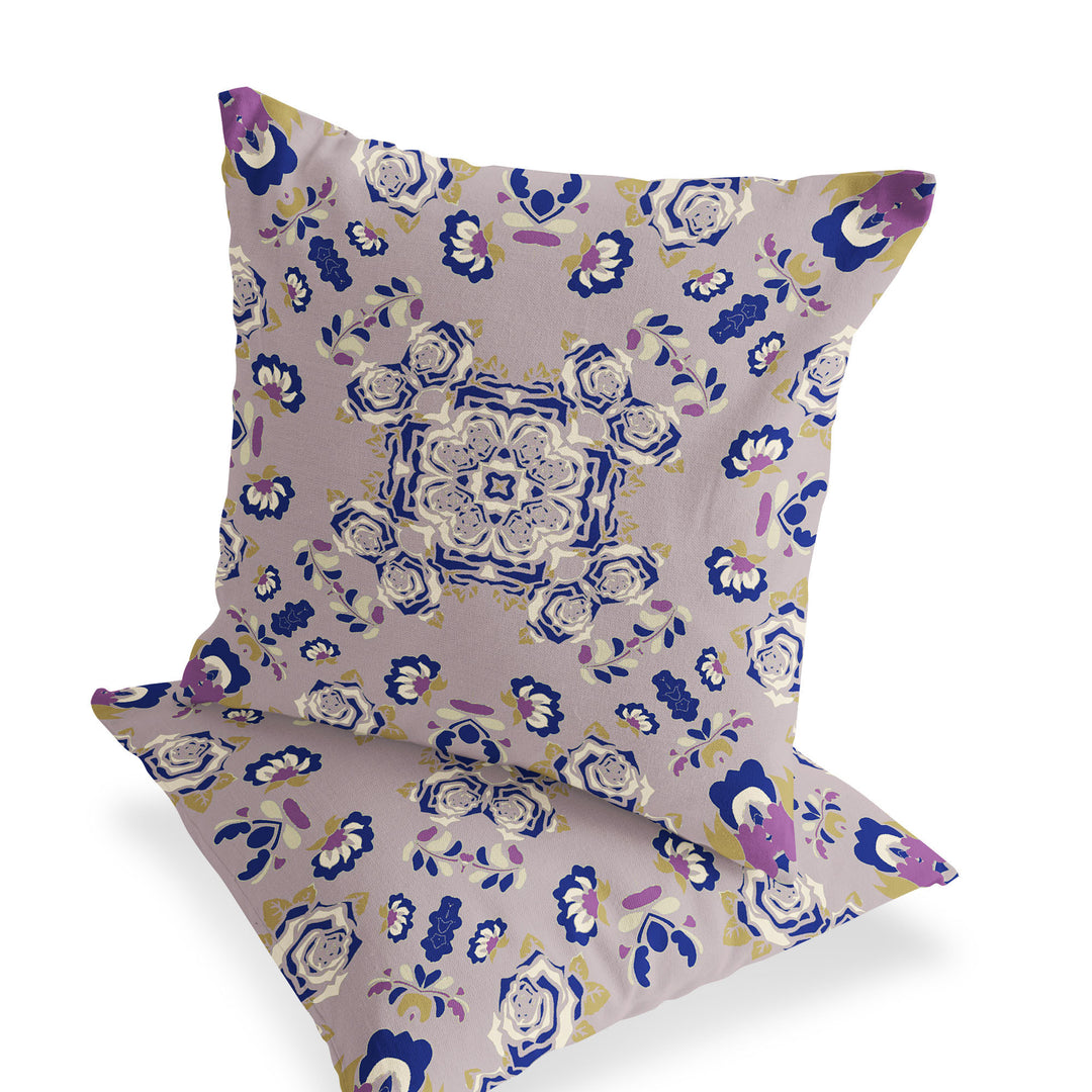 Set of Two 16" X 16" Blue and Purple Blown Seam Floral Indoor Outdoor Throw Pillow