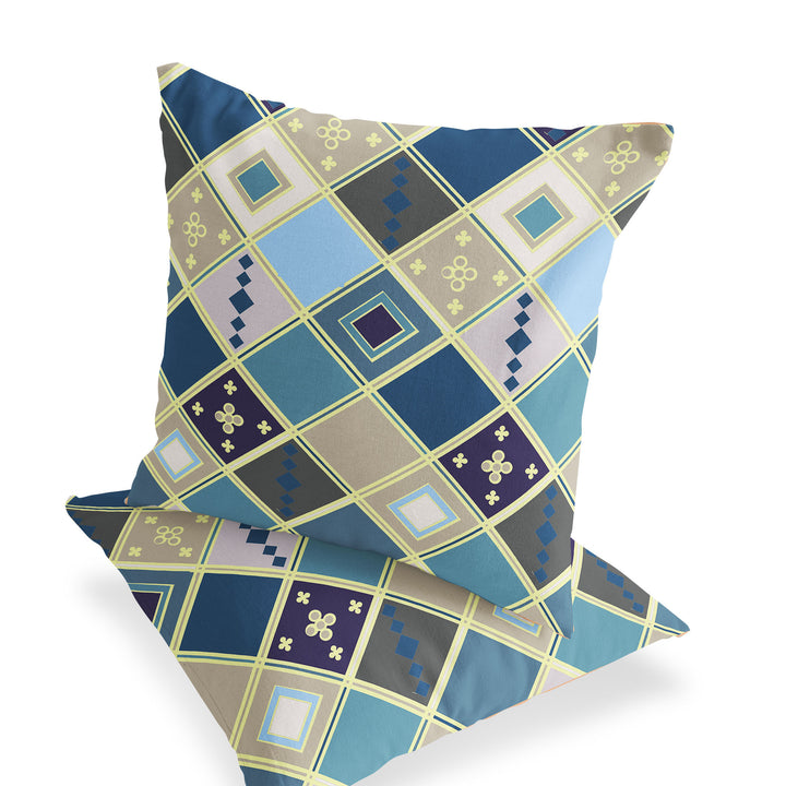 Set of Two 16" X 16" Blue and Gold Blown Seam Diamond Indoor Outdoor Throw Pillow