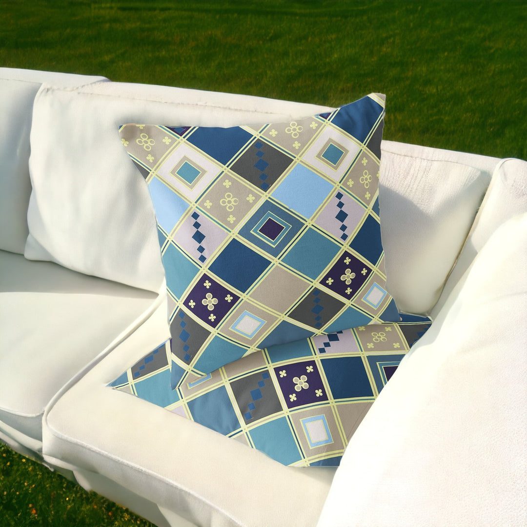 Set of Two 16" X 16" Blue and Gold Blown Seam Diamond Indoor Outdoor Throw Pillow