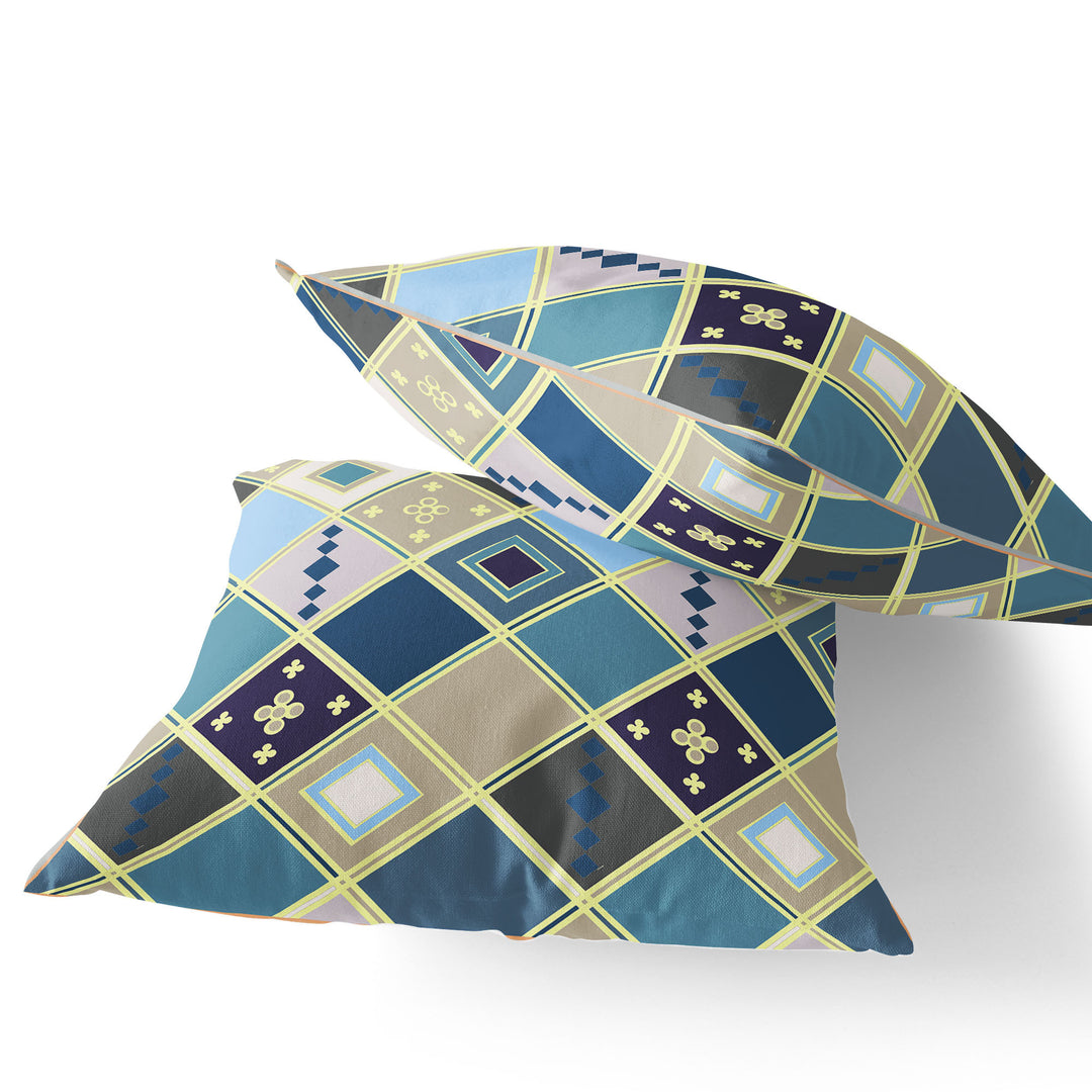 Set of Two 16" X 16" Blue and Gold Blown Seam Diamond Indoor Outdoor Throw Pillow