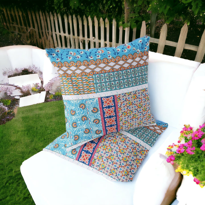 Set of Two 16" X 16" Blue and White Blown Seam Floral Indoor Outdoor Throw Pillow