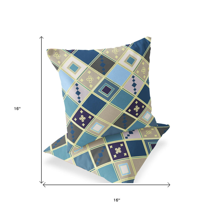 Set of Two 16" X 16" Blue and Gold Blown Seam Diamond Indoor Outdoor Throw Pillow