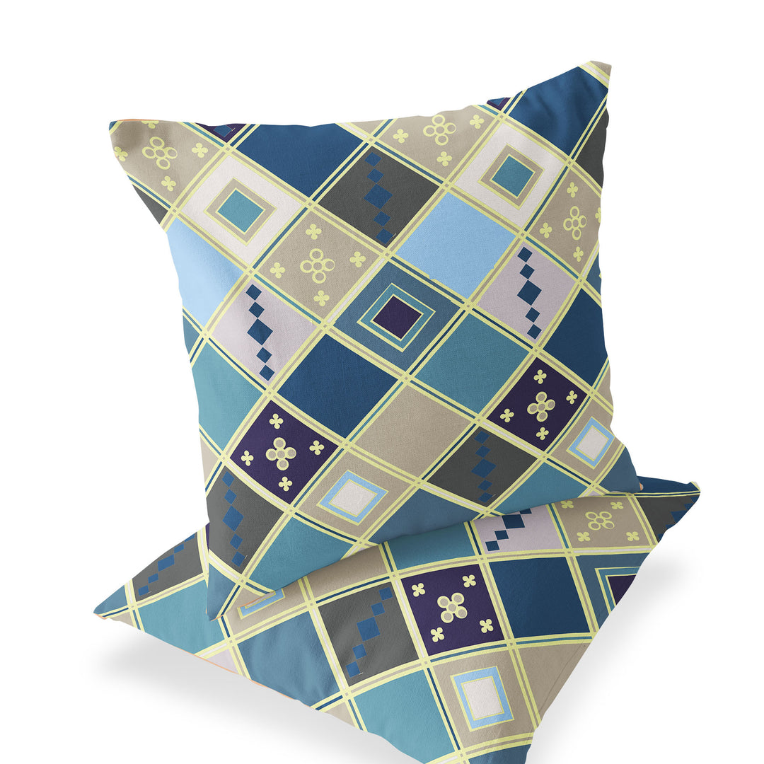 Set of Two 16" X 16" Blue and Gold Blown Seam Diamond Indoor Outdoor Throw Pillow