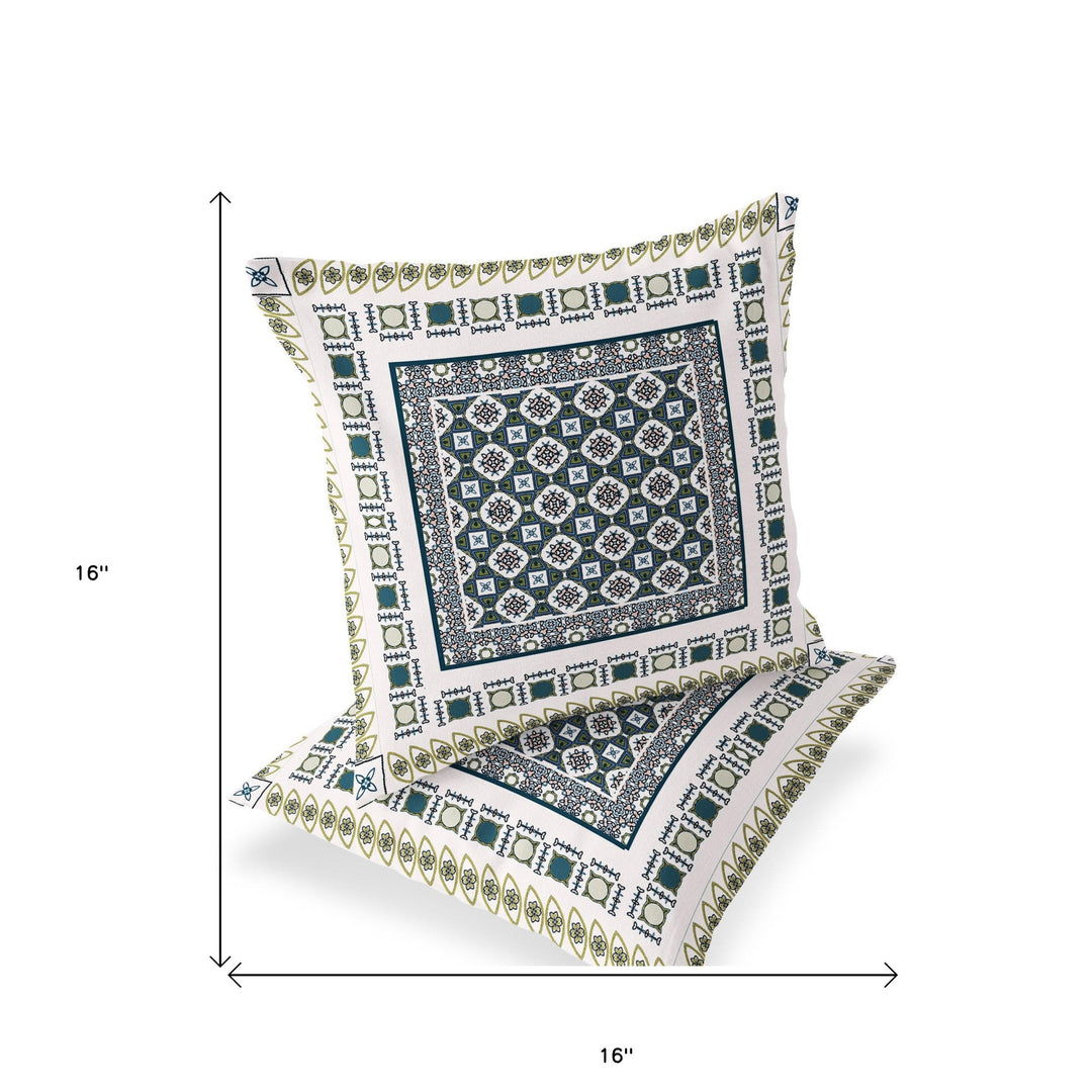 Set of Two 16" X 16" Green and White Blown Seam Floral Indoor Outdoor Throw Pillow