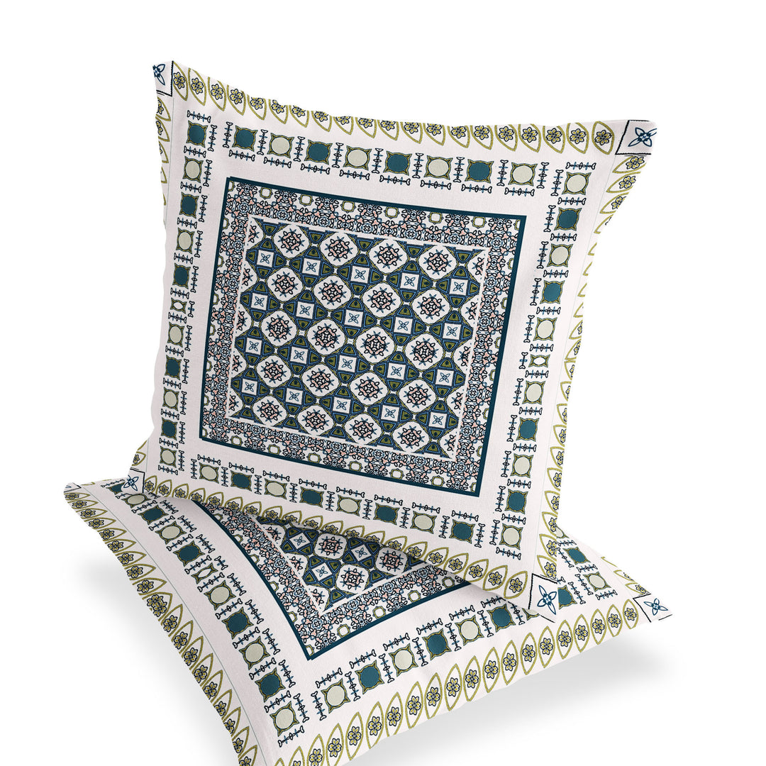 Set of Two 16" X 16" Green and White Blown Seam Floral Indoor Outdoor Throw Pillow