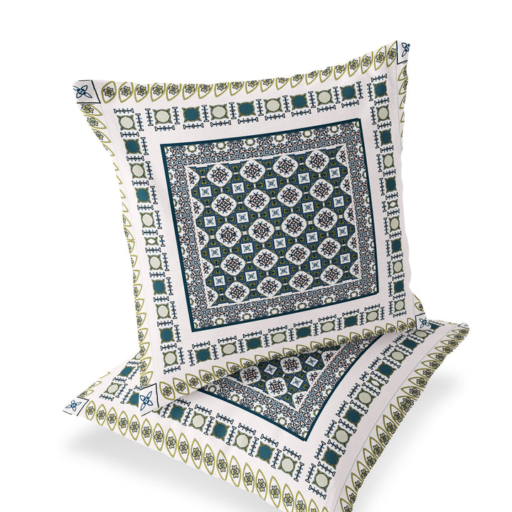 Set of Two 16" X 16" Green and White Blown Seam Floral Indoor Outdoor Throw Pillow