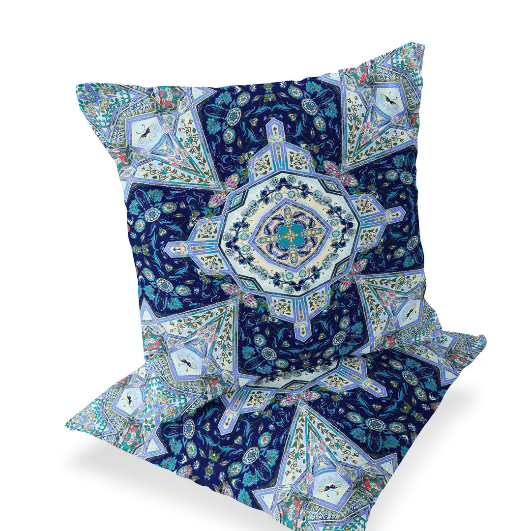 Set of Two 16" X 16" Blue and Green Blown Seam Floral Indoor Outdoor Throw Pillow