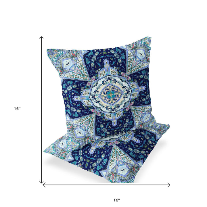 Set of Two 16" X 16" Blue and Green Blown Seam Floral Indoor Outdoor Throw Pillow