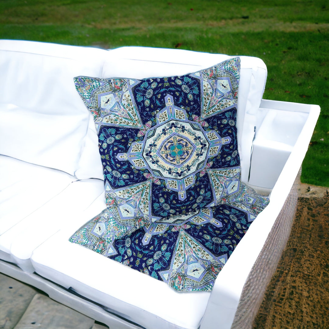 Set of Two 16" X 16" Blue and Green Blown Seam Floral Indoor Outdoor Throw Pillow