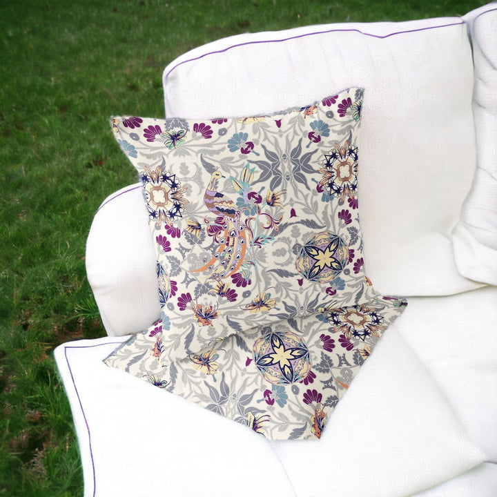 Set of Two 16" X 16" Pink and White Peacock Blown Seam Eclectic Indoor Outdoor Throw Pillow