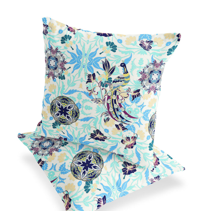 Set of Two 16" X 16" Blue and White Peacock Blown Seam Eclectic Indoor Outdoor Throw Pillow