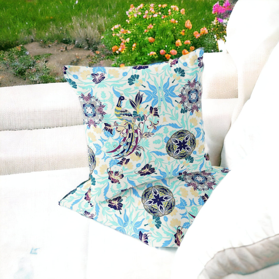 Set of Two 16" X 16" Blue and White Peacock Blown Seam Eclectic Indoor Outdoor Throw Pillow