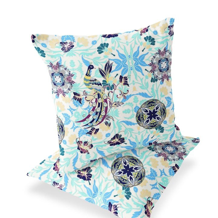 Set of Two 16" X 16" Blue and White Peacock Blown Seam Eclectic Indoor Outdoor Throw Pillow