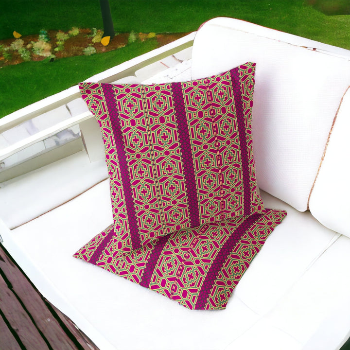 Set of Two 16" X 16" Pink and Green Blown Seam Striped Indoor Outdoor Throw Pillow