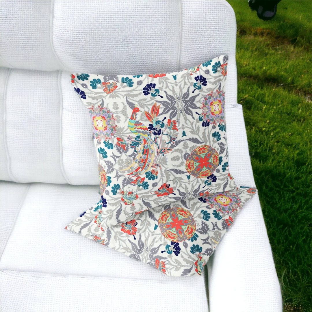 Set of Two 16" X 16" Orange and White Peacock Blown Seam Eclectic Indoor Outdoor Throw Pillow