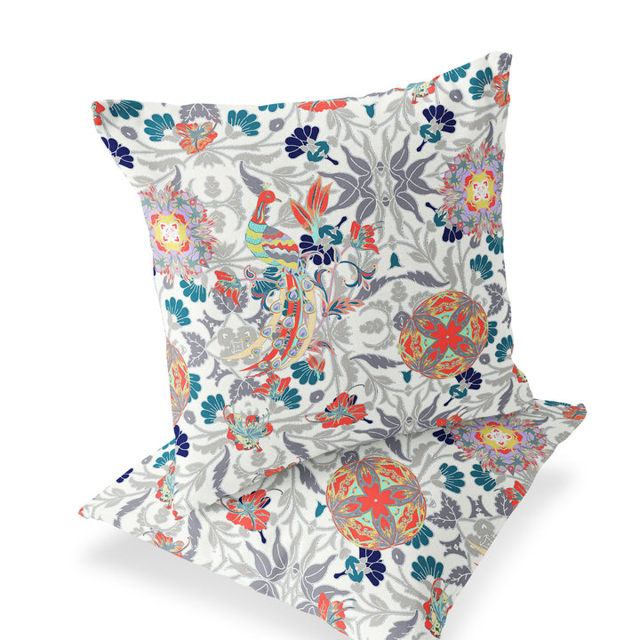 Set of Two 16" X 16" Orange and White Peacock Blown Seam Eclectic Indoor Outdoor Throw Pillow