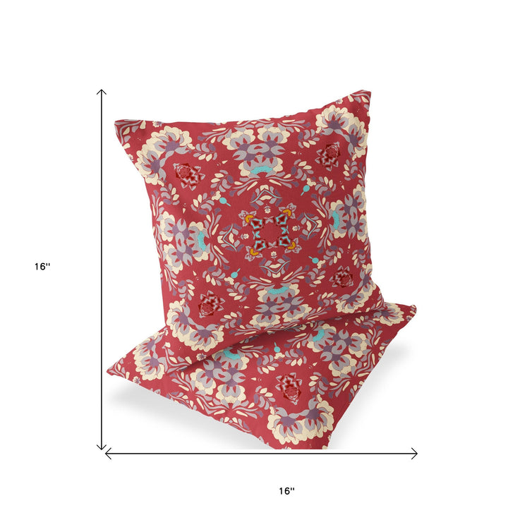 Set of Two 16" X 16" Red and Ivory Blown Seam Eclectic Indoor Outdoor Throw Pillow