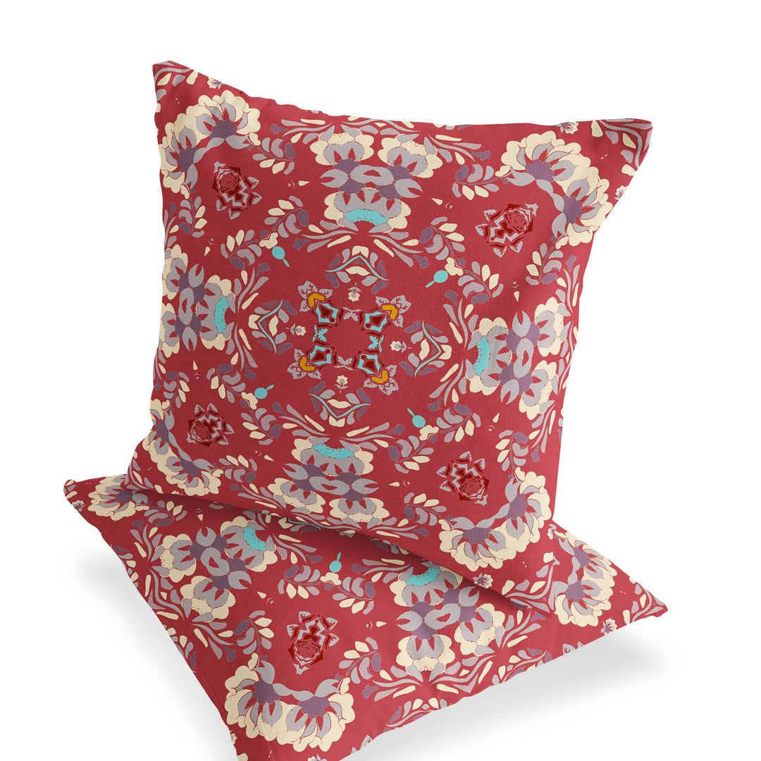 Set of Two 16" X 16" Red and Ivory Blown Seam Eclectic Indoor Outdoor Throw Pillow