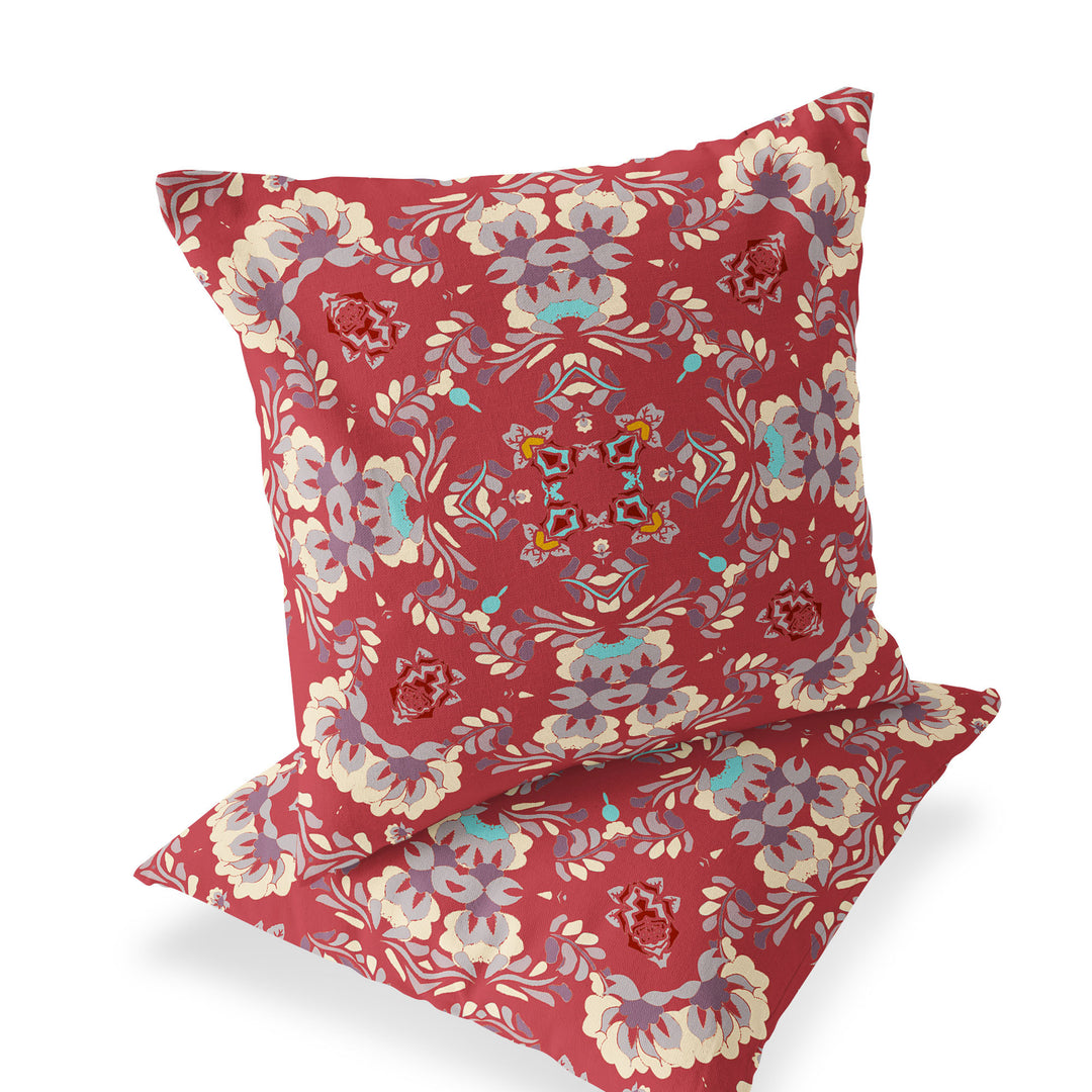 Set of Two 16" X 16" Red and Ivory Blown Seam Eclectic Indoor Outdoor Throw Pillow