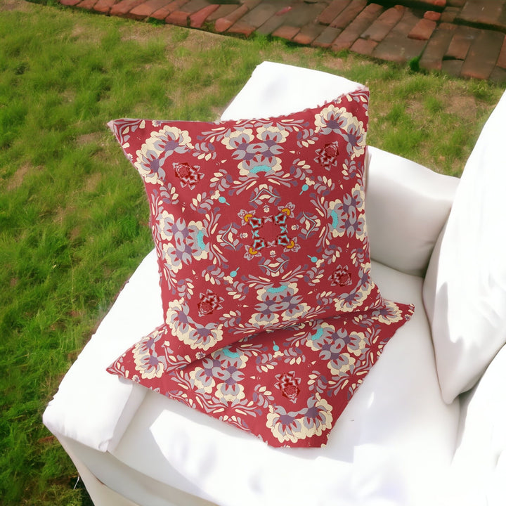 Set of Two 16" X 16" Red and Ivory Blown Seam Eclectic Indoor Outdoor Throw Pillow