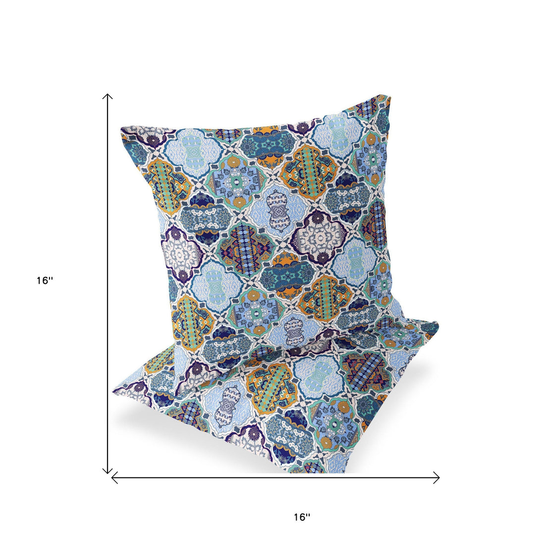 Set of Two 16" X 16" Blue and Orange Blown Seam Floral Indoor Outdoor Throw Pillow