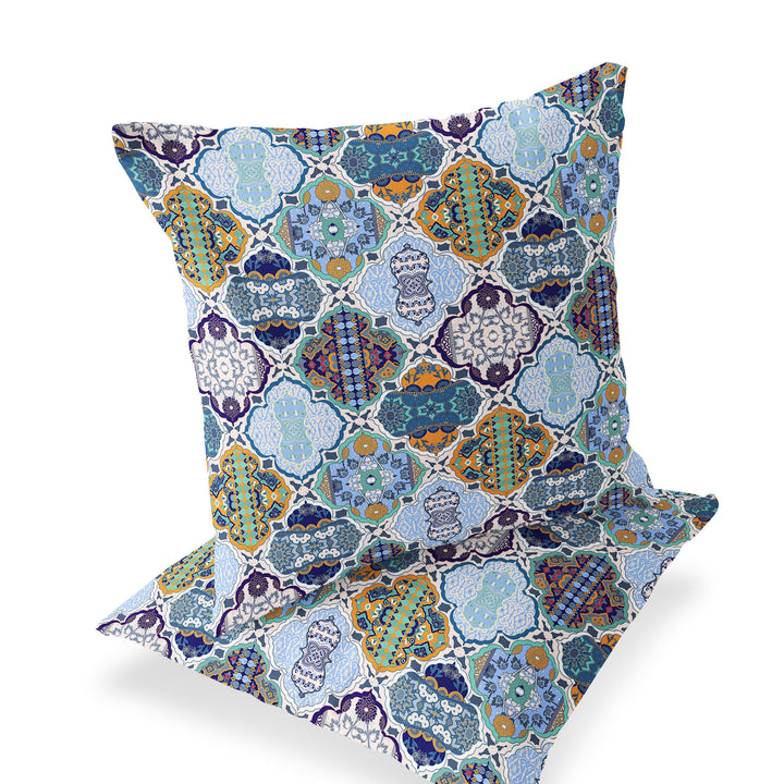 Set of Two 16" X 16" Blue and Orange Blown Seam Floral Indoor Outdoor Throw Pillow