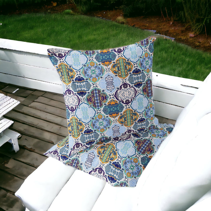 Set of Two 16" X 16" Blue and Orange Blown Seam Floral Indoor Outdoor Throw Pillow