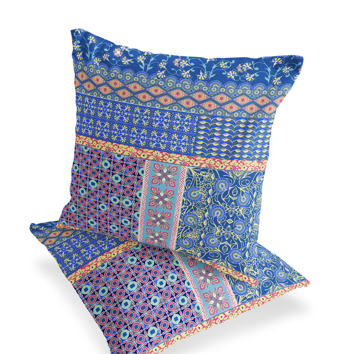 Set of Two 16" X 16" Blue and Yellow Blown Seam Floral Indoor Outdoor Throw Pillow