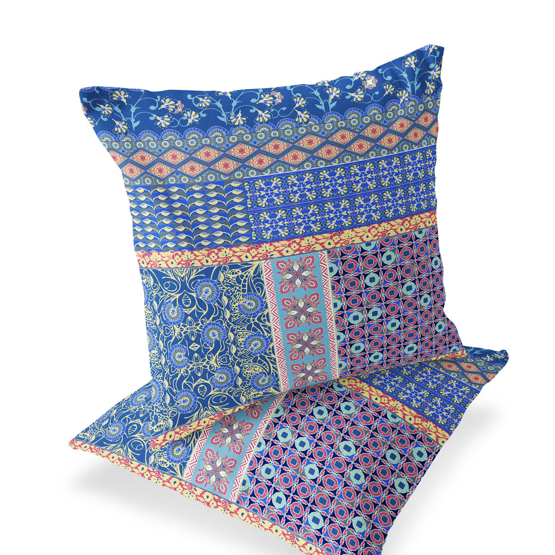 Set of Two 16" X 16" Blue and Yellow Blown Seam Floral Indoor Outdoor Throw Pillow