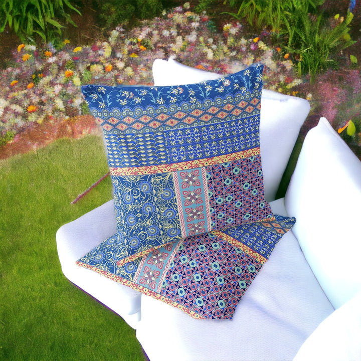 Set of Two 16" X 16" Blue and Yellow Blown Seam Floral Indoor Outdoor Throw Pillow