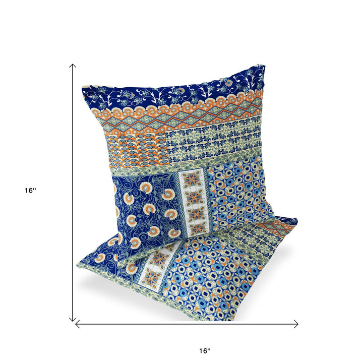 Set of Two 16" X 16" Blue and Orange Blown Seam Floral Indoor Outdoor Throw Pillow