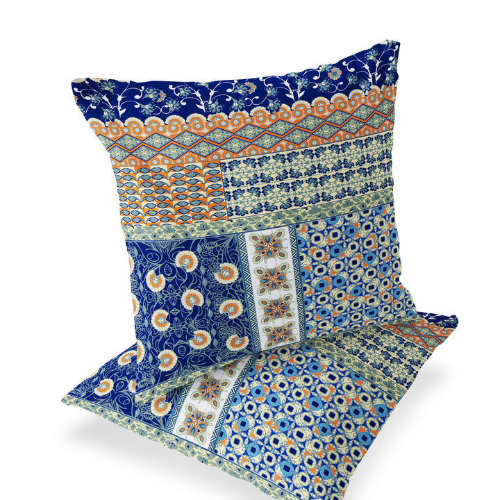 Set of Two 16" X 16" Blue and Orange Blown Seam Floral Indoor Outdoor Throw Pillow