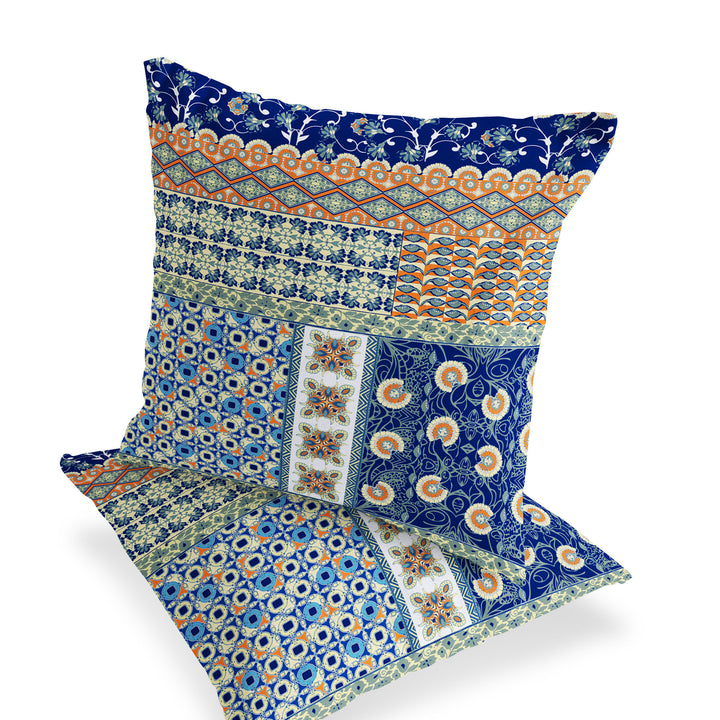 Set of Two 16" X 16" Blue and Orange Blown Seam Floral Indoor Outdoor Throw Pillow