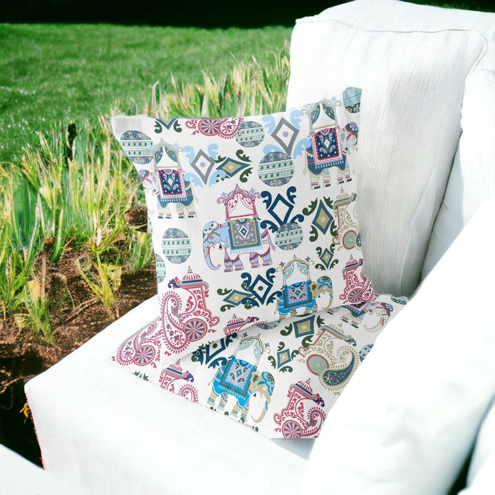 Set of Two 16" X 16" Pink and White Elephant Blown Seam Eclectic Indoor Outdoor Throw Pillow