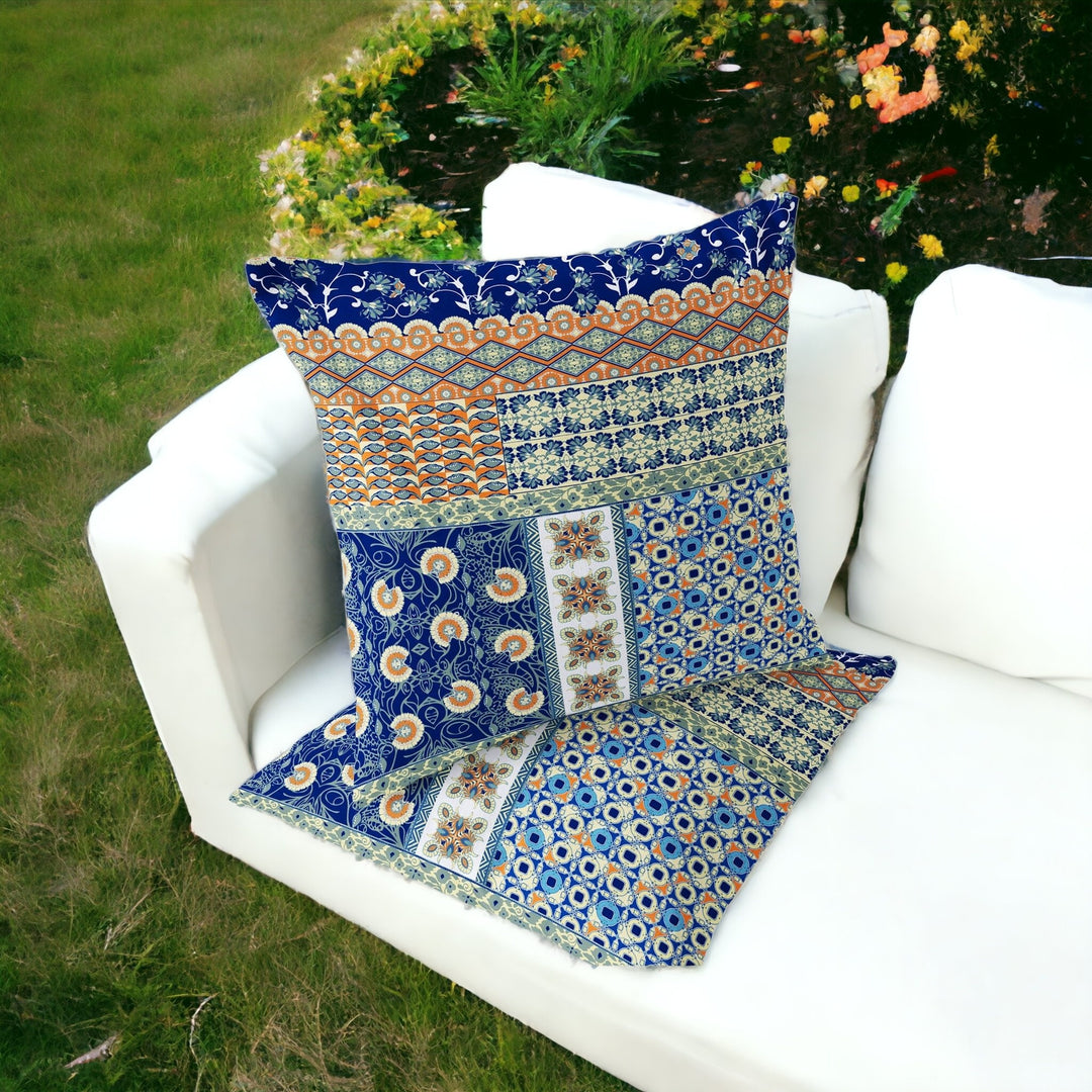 Set of Two 16" X 16" Blue and Orange Blown Seam Floral Indoor Outdoor Throw Pillow