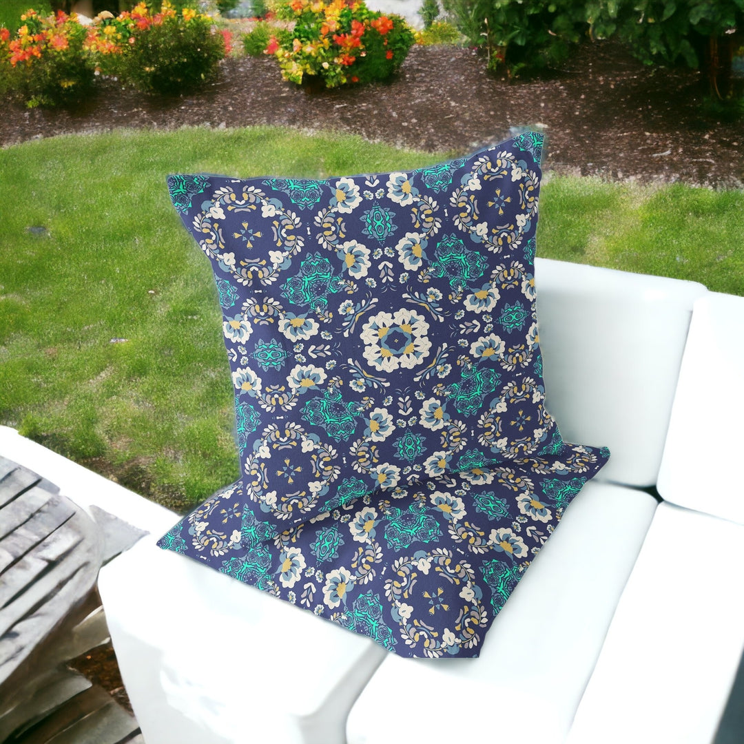 Set of Two 16" X 16" Blue and White Blown Seam Floral Indoor Outdoor Throw Pillow