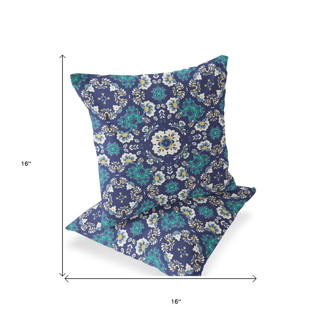 Set of Two 16" X 16" Blue and White Blown Seam Floral Indoor Outdoor Throw Pillow