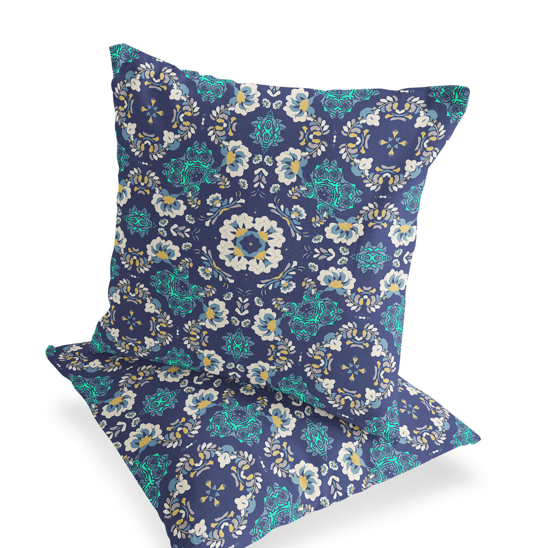 Set of Two 16" X 16" Blue and White Blown Seam Floral Indoor Outdoor Throw Pillow