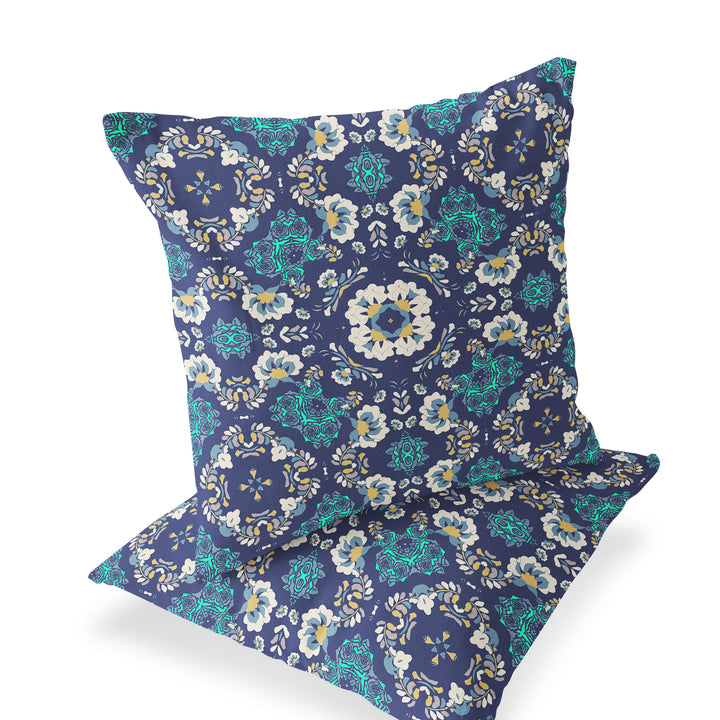 Set of Two 16" X 16" Blue and White Blown Seam Floral Indoor Outdoor Throw Pillow