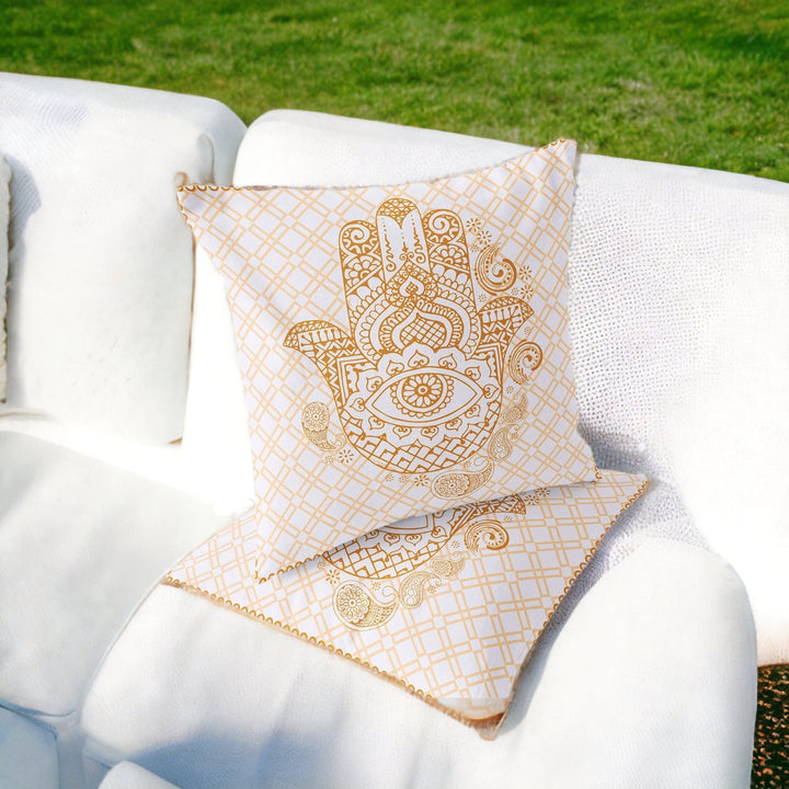 Set of Two 16" X 16" Gold and White Blown Seam Hamsa Indoor Outdoor Throw Pillow