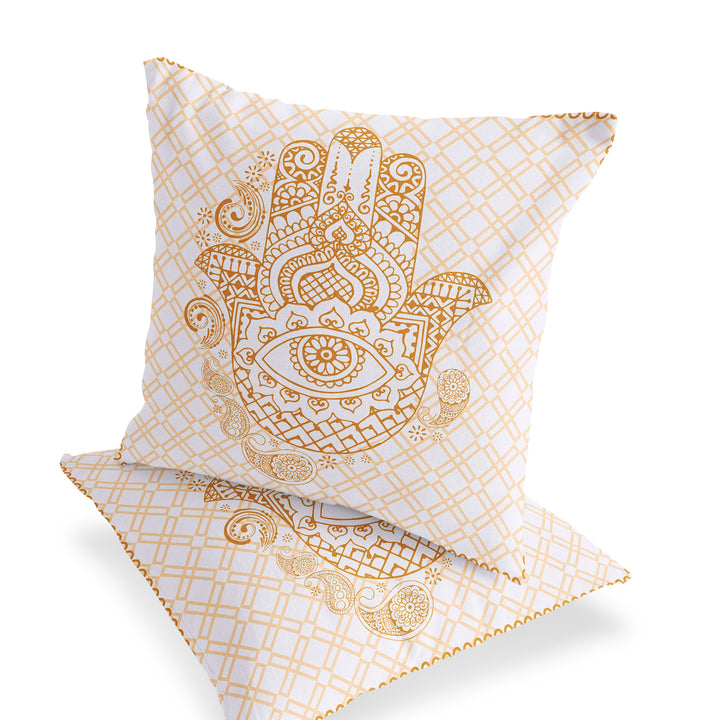 Set of Two 16" X 16" Gold and White Blown Seam Hamsa Indoor Outdoor Throw Pillow