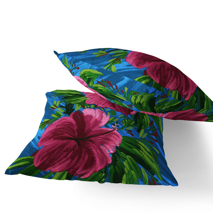 Set of Two 16" X 16" Blue and Pink Blown Seam Floral Indoor Outdoor Throw Pillow