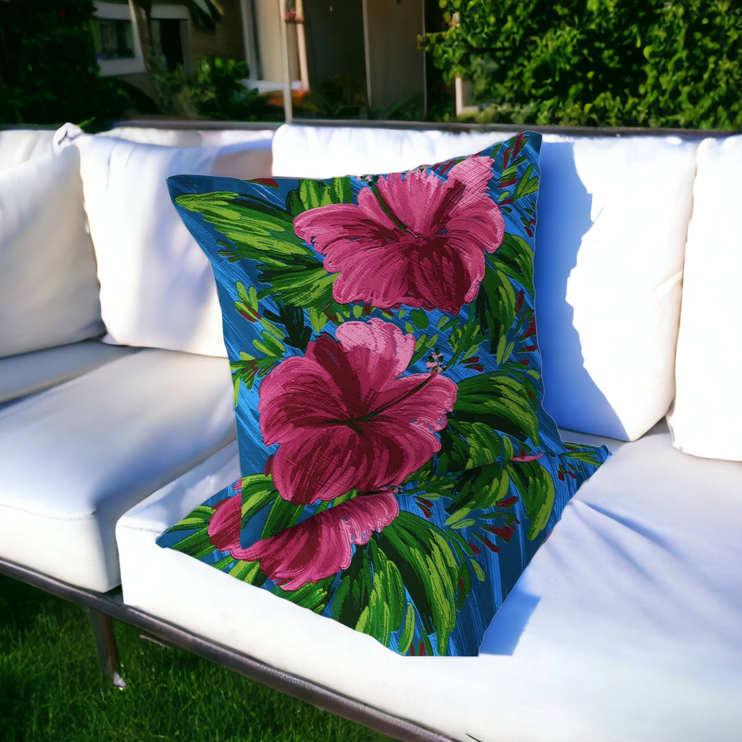 Set of Two 16" X 16" Blue and Pink Blown Seam Floral Indoor Outdoor Throw Pillow