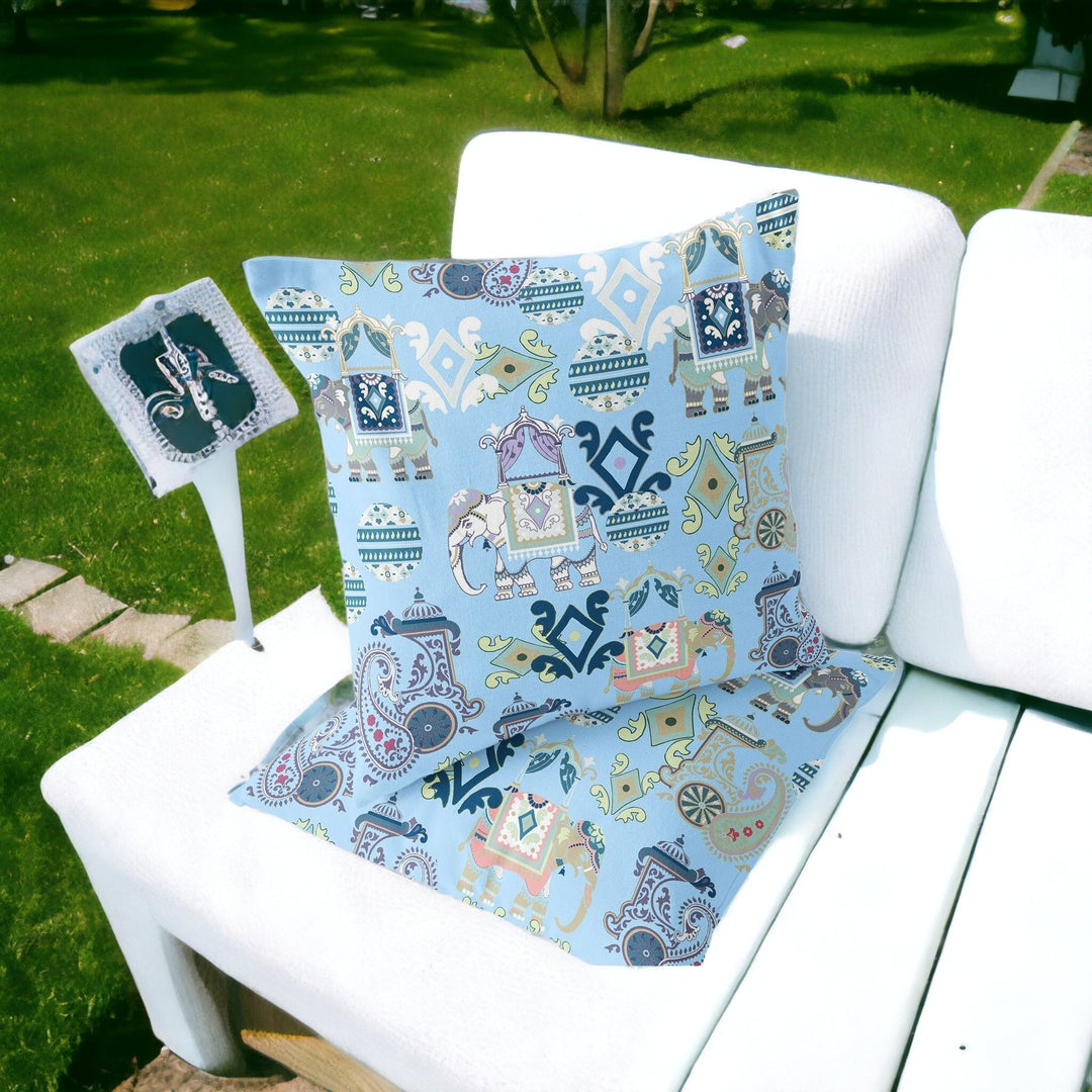 Set of Two 16" X 16" Blue and White Elephant Blown Seam Eclectic Indoor Outdoor Throw Pillow