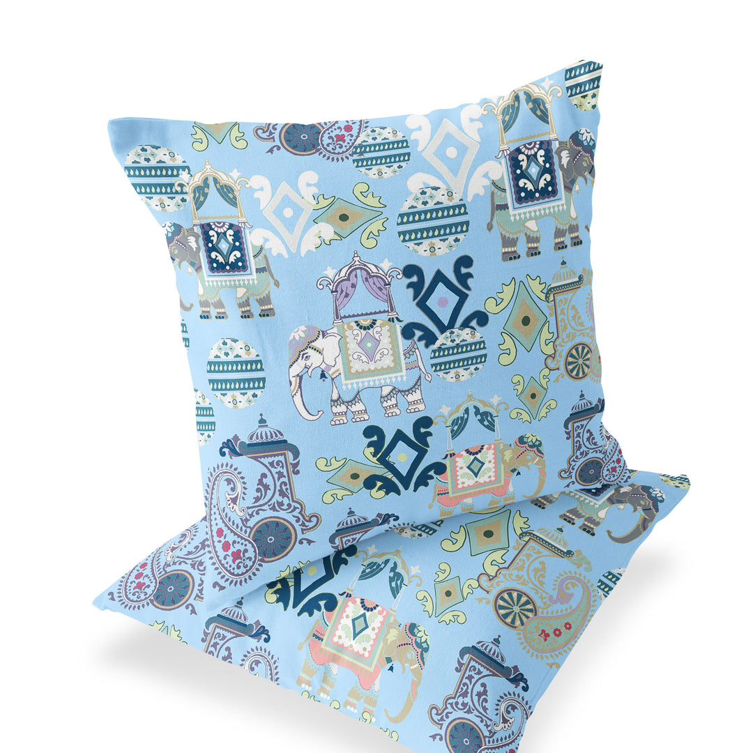 Set of Two 16" X 16" Blue and White Elephant Blown Seam Eclectic Indoor Outdoor Throw Pillow